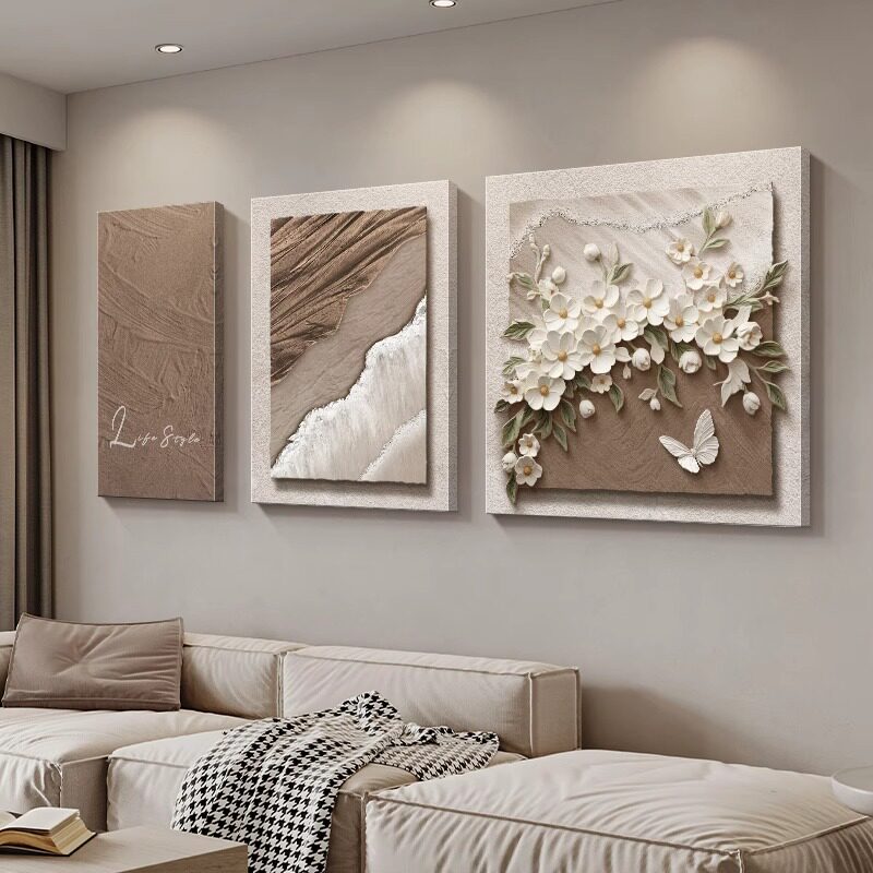 侘寂风抽象海浪客厅装饰画高级感花卉组合壁画大气沙发背景墙挂画