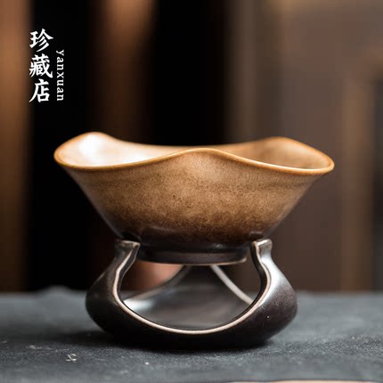 日本严选素黄烧茶滤荷叶瓷孔茶漏陶瓷滤网茶叶茶隔过滤器泡茶漏斗