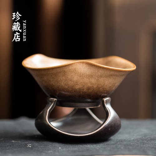 日本严选素黄烧荷叶瓷孔茶漏