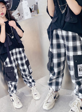 男女童工装格子裤110.120码宝宝中小儿童休闲裤韩版潮束脚口长裤