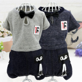 宠物衣服狗狗春秋款 蝴蝶结圆领针织牛仔四脚衣泰迪幼犬小狗狗服装