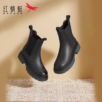 红蜻蜓通勤真皮粗跟烟筒靴