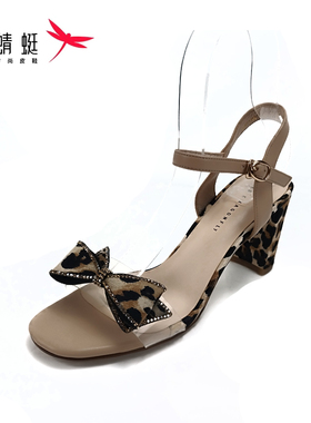 REDDRAGONFLY/红蜻蜓蝴蝶结优雅气质粗跟一字带露趾凉鞋女K07170