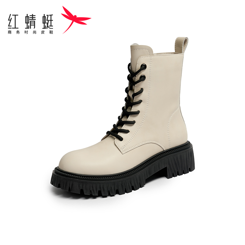 红蜻蜓短筒软面厚底马丁靴