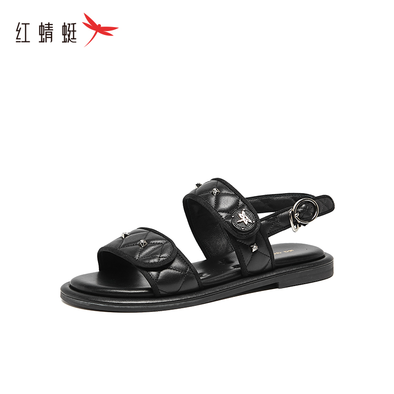 REDDRAGONFLY/红蜻蜓真皮小香风水钻平底露趾沙滩鞋女鞋MK4720300