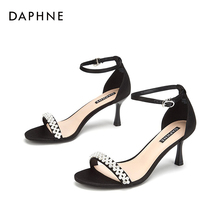 性感细高跟圆头纯色一字扣带包跟宴会女凉鞋 Daphne 达芙妮夏新款