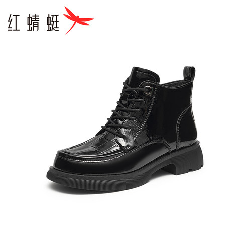 软厚底英伦风黑色圆头增高红蜻蜓