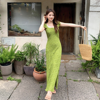 ENNK Studio 2025綠色花邊設(shè)計(jì)雷絲U領(lǐng)吊帶裙連衣裙顯白高腰長裙