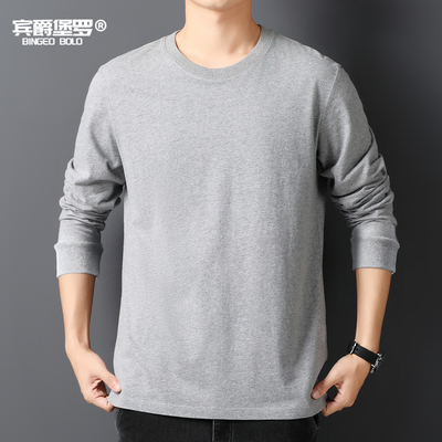 秋季纯棉螺纹袖长袖T恤男装韩版圆领宽松打底衫上衣服体恤潮流ins