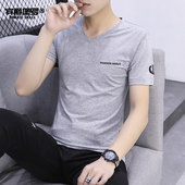T恤V领纯色内搭上衣服体恤打底衫 港风印花男装 短袖 纯棉男士 大码
