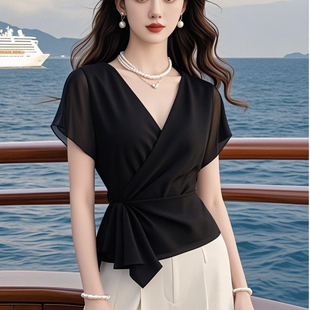 2025夏仙气飘飘精致绝美小衫蓝色收腰短袖衬衫女独特漂亮雪纺上衣