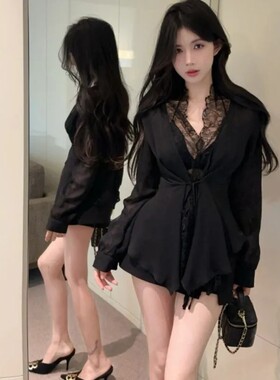 蕾丝拼接绑带v领长袖衬衫女夏季修身黑色收腰衬衣设计感纯欲上衣