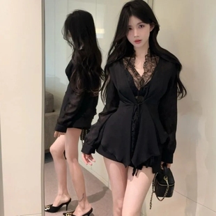 蕾絲拼接綁帶v領長袖 女夏季 修身 黑色收腰襯衣設計感純欲上衣 襯衫