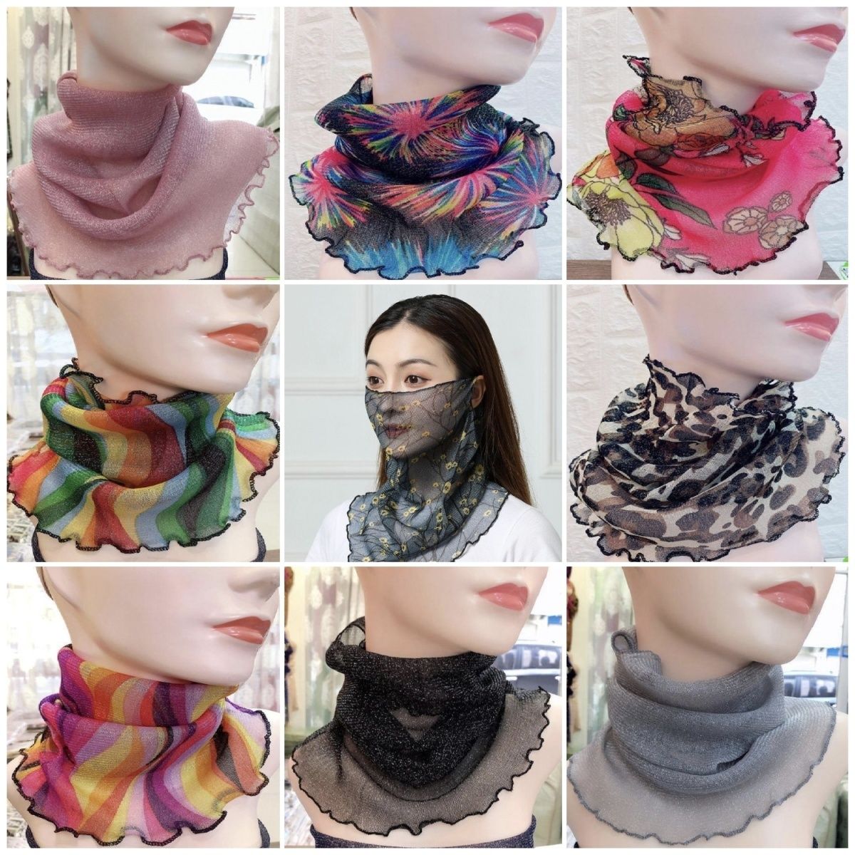 防晒挂耳式围脖潮流百变魔术围巾女套头围脖女小丝巾夏季面罩