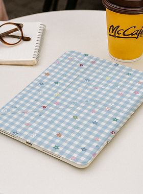 【3+y折百变搭扣】蓝色格星星适用小米平板8第11代ipadair7保护套oppo简约vivo4带笔槽华为matepad12.2壳一加