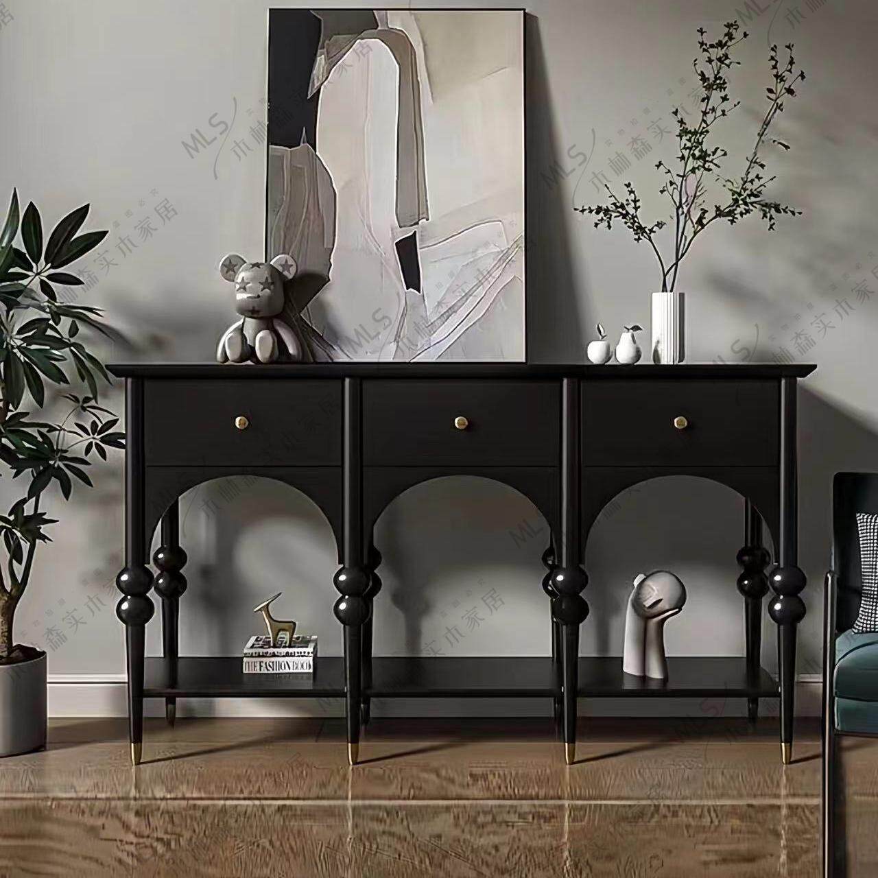 法式复古实木玄关柜门厅入户隔断柜客厅装饰储物柜美式中古风边柜