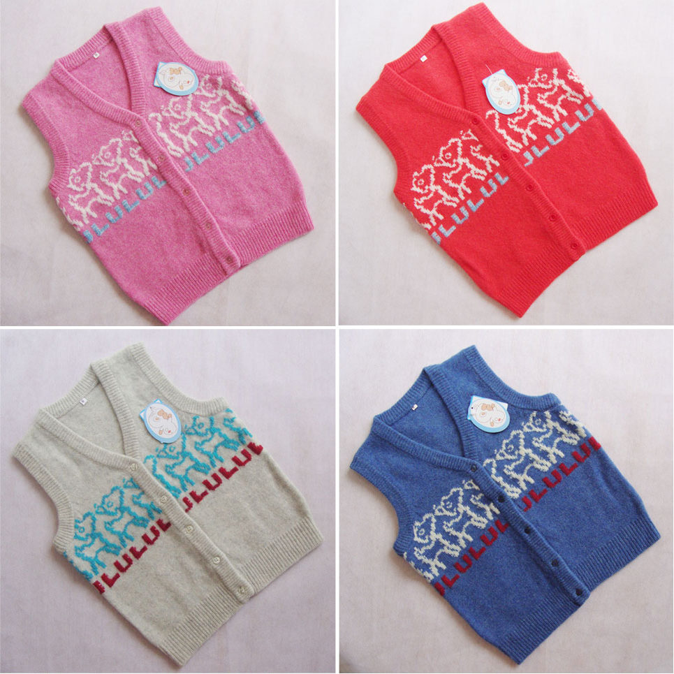 源可民100%纯羊毛卡通提花针织秋冬男女童背心 小中童坎肩开衫