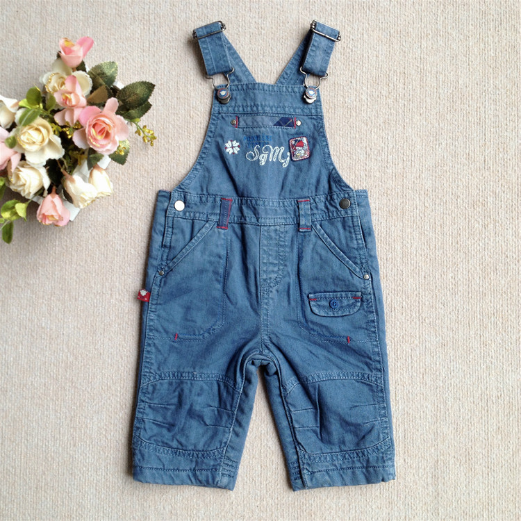 外贸欧美风格双层纯棉里绒贴布绣开裆牛仔男童背带裤 小童秋冬裤