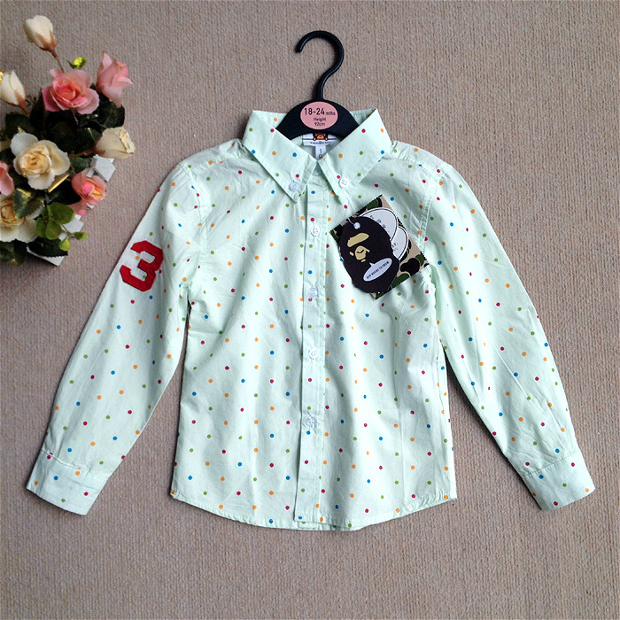日系纯棉薄款圆点贴布绣长袖春秋男童衬衫 中大童衬衣