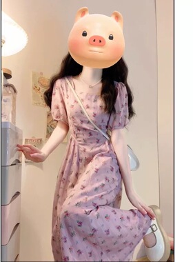法式碎花方领连衣裙女2026夏季今年流行爆款收腰减龄裙子2152