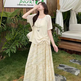 【安淇专属】韩系温柔风夏季短袖吊带上衣半身裙三件肉套装2187