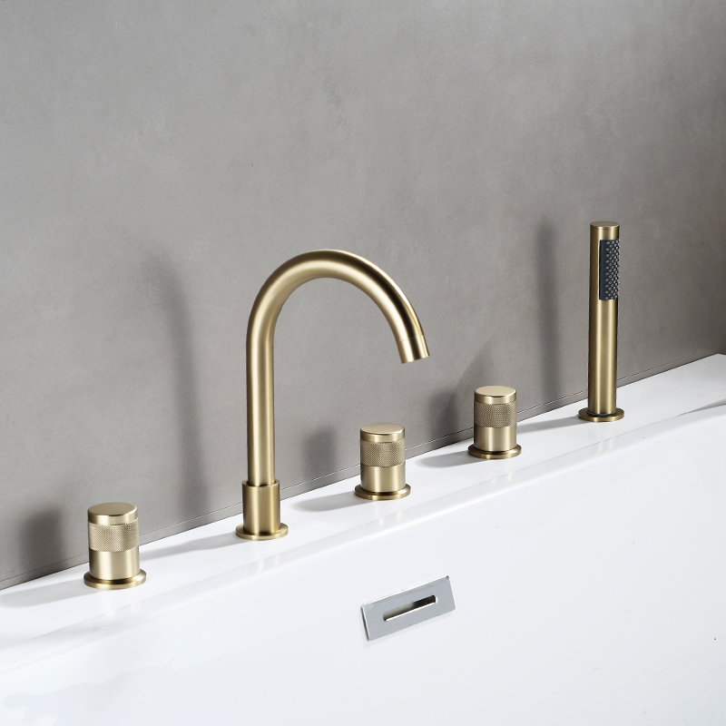 酒店浴缸边龙头枪灰色分体民宿浴室五件套龙头拉丝金五孔抽拉花洒