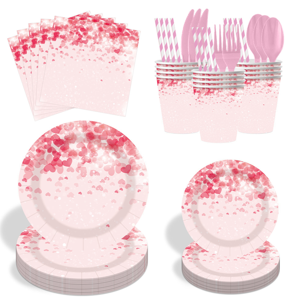 粉色爱心餐具生日纸盘纸杯纸巾