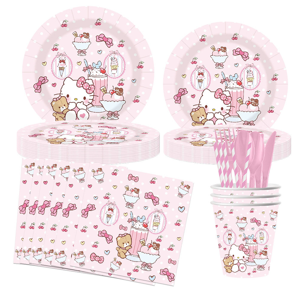 粉色KT猫主题餐具儿童生日派对装饰一次纸盘纸杯纸巾场景布置用品