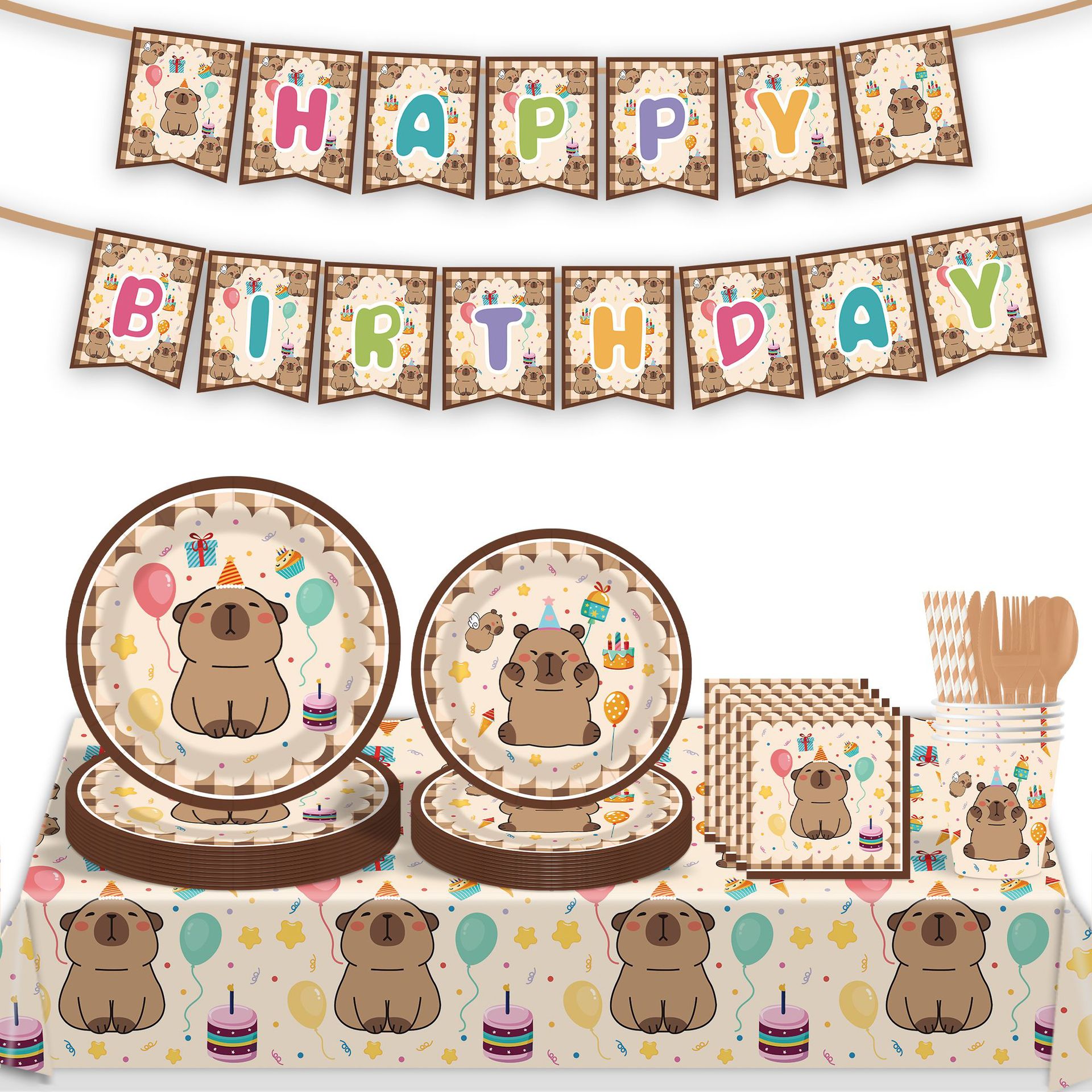 水豚卡皮巴拉餐具纸盘纸杯桌布