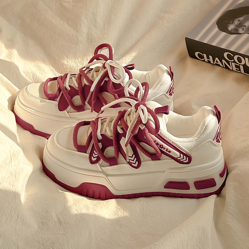 梅红板鞋女2024新款春季厚底百搭