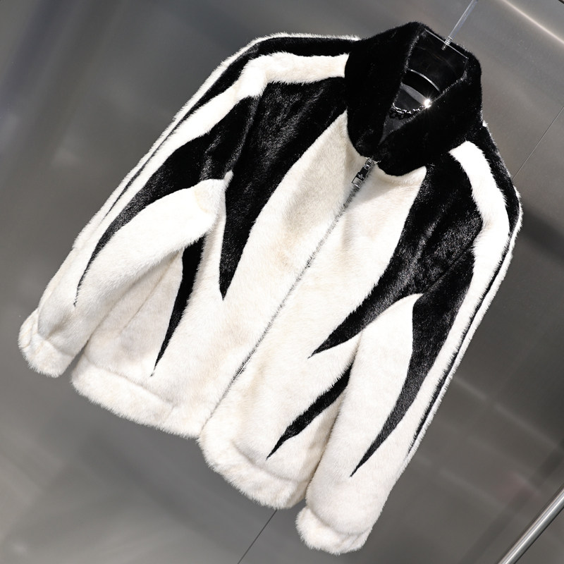 2024 겨울 유럽 두꺼운 따뜻한 골드 밍크 벨벳 흑백 컬러 매칭 라인 스탠드 칼라  가죽 스플 라이스 모피 자켓 유행