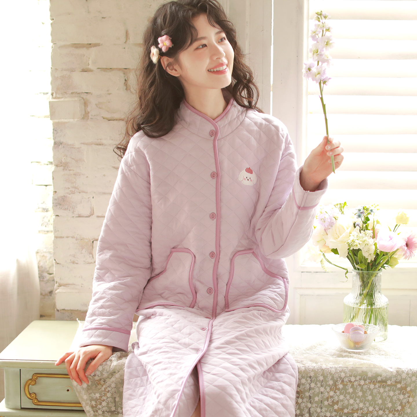 富朵秋冬睡裙纯棉加厚保暖月子裙孕妇产后空气棉睡袍夹棉家居服