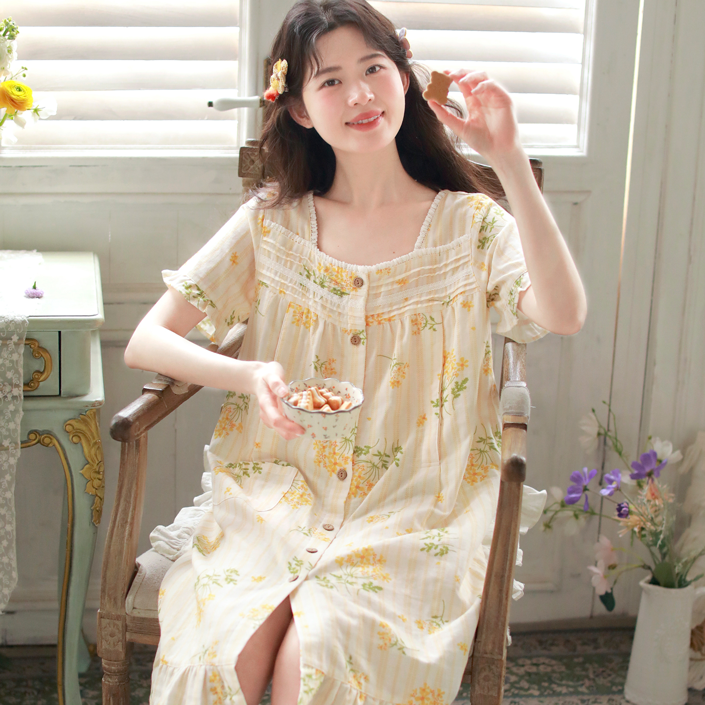 富朵夏季短袖哺乳睡裙住院待产裙纯棉纱布月子服产前后睡衣家居裙
