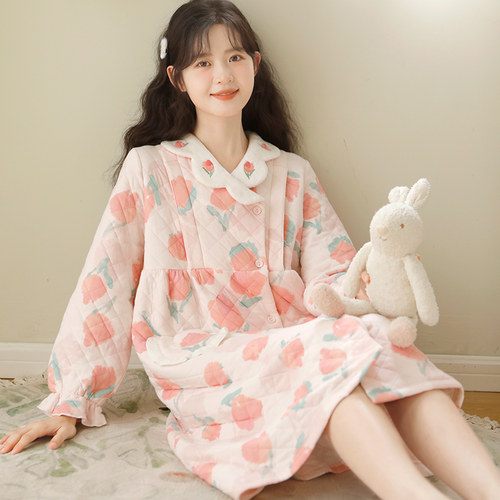 富朵秋冬加厚保暖哺乳月子睡裙