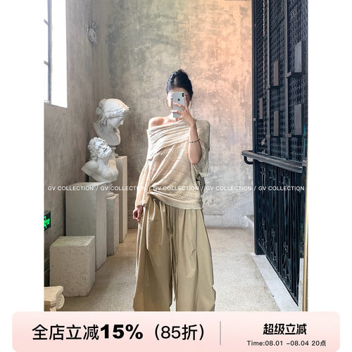 翻领露肩镂空微透针织亚麻上衣