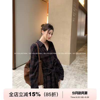 设计感打结收腰格子衬衫上衣