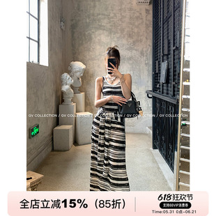 GV大白哥 松弛美式 假两件条纹绑带背心裙黑白撞色长款连衣裙女夏