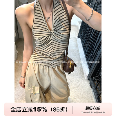 弹力挂脖露背莱赛尔纽结显瘦背心