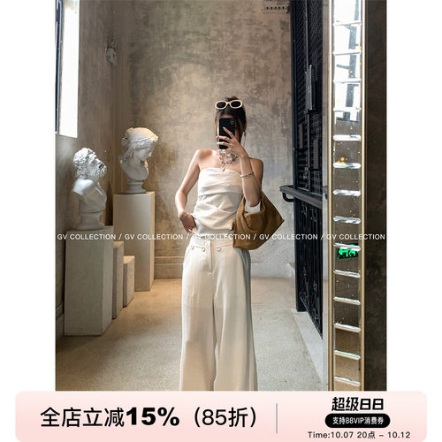 GV大白哥 Row系高智 天丝棉麻抹胸无袖上衣背心拖地休闲裤套装女