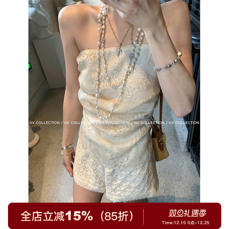 GV大白哥 重工刺绣 蕾丝双层祥云纹捏褶抹胸短款辣妹风休闲上衣女