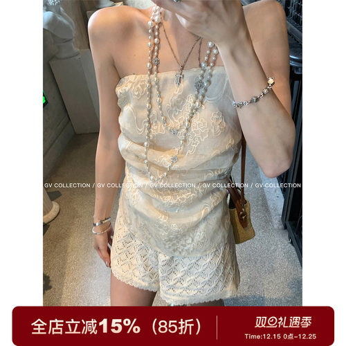 GV大白哥 重工刺绣 蕾丝双层祥云纹捏褶抹胸短款辣妹风休闲上衣女