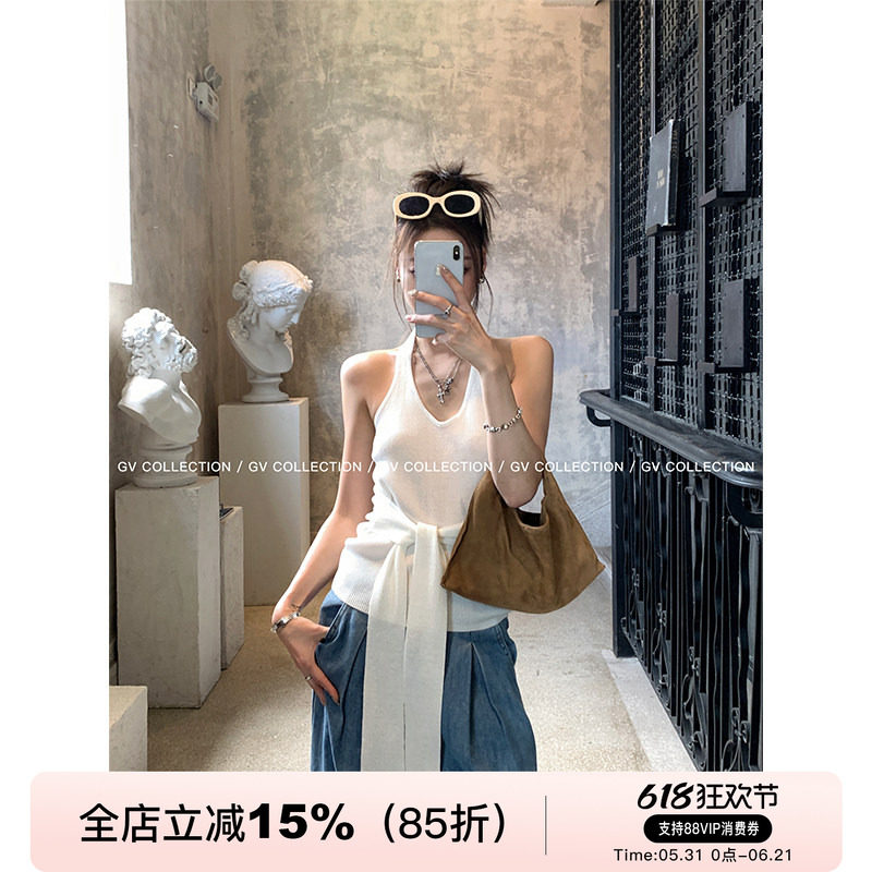 GV大白哥 简约调 挂脖针织收腰打结背心设计感女夏新款上衣百搭