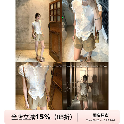 双排扣立体肌理短袖轻薄T恤上衣