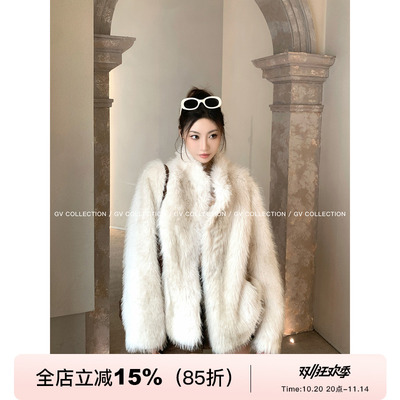 翻领环保仿狐狸毛外套大衣