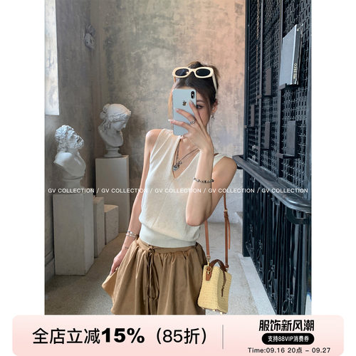 亚麻莱赛尔V领针织背心上衣