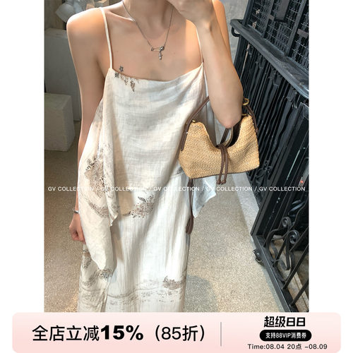 天丝亚麻设计感图案吊带连衣裙