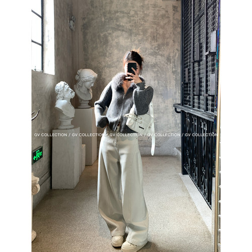 天丝棉加绒结构阔腿牛仔裤