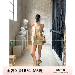 GV大白哥 天丝挂脖削肩荷叶下摆晕染上衣裙裤套装设计感女夏新款