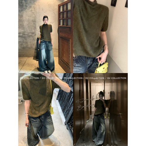 桑蚕丝羊毛气质绒感高领针织短袖