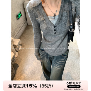 GV大白哥 简约都市 撞色polo翻领针织上衣慵懒风百搭小衫女内搭